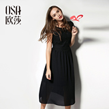 OSA欧莎2016夏季新款女装 气质雪纺裙黑裙短袖长款连衣裙夏中长款