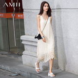 初上市价199元#Amii[极简主义]夏新U领拼蕾丝大码背心连衣裙长裙
