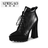 AIMIGAO爱米高2015秋冬热卖 进口胎牛皮高跟短靴尖头粗跟时装靴J