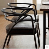 欧美式单人餐椅做旧仿复古矿工业风实木板扶手铁艺软坐垫办公沙发