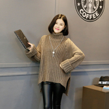 欧洲站欧货2015冬季新款韩版竖斜条纹下摆开叉套头针织衫毛衣 女