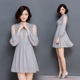 蕾丝连衣裙 女2016夏装新款韩版修身中长裙长袖拼接雪纺裙摆 包邮