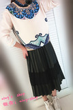 韩国原单 15新款时尚洋气蕾丝拼接pu百褶皮裙中长款半裙女秋冬