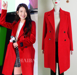 2016早春新款韩版修身羊绒大衣李智恩明星同款红色毛呢大衣外套女