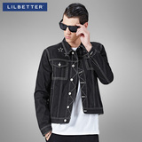 Lilbetter牛仔外套男 韩版短款修身夹克星星刺绣黑色牛仔夹克男