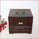 中式仿古带锁木制首饰盒复古木质饰品收纳盒古典多层带镜化妆盒