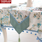 蓝色 外贸欧式高档棉麻美式田园风格桌旗餐桌布布艺茶几圆形台布