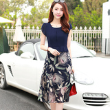 2016夏装新款韩版大码中长款修身显瘦假两件印花雪纺连衣裙A字裙