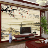 屏风客厅背景墙壁纸 中式壁画墙纸定制无缝墙布 水墨复古红杏