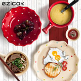 ezicok 陶瓷碗波点沙拉碗 可爱泡面碗日式碗碟创意盘子碗餐具套装