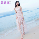 韩语琳空间性感透视网纱立体花吊带连衣裙夏季新款度假沙滩裙长裙