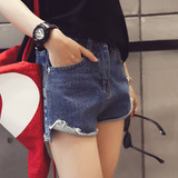 夏装新款韩版前短后长磨边不规则个性街头牛仔短裤女款热裤学生潮