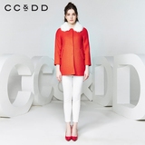 CCDD2016秋装新款专柜正品女红白撞色时尚长毛领大衣保暖修身外套
