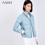 Amii冬季短款高领大码修身外套加厚白鹅绒拉链轻薄纯色女羽绒服