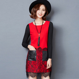 韩版女装2015秋冬新款宽松大码女装中长款长袖针织蕾丝加厚打底衫