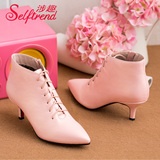 品牌韩版秋季新款春秋靴系带尖头细跟短靴单靴及踝女靴高跟鞋粉色