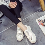 夏季韩版星星镂空透气皮面小白鞋孔女平跟一脚蹬懒人鞋学生鞋单鞋