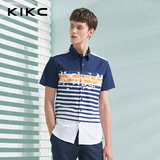 kikc2016夏季新款男士修身通勤上衣条纹韩版翻领青年男装短袖衬衫