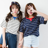 韩国宽松海军风条纹半袖t恤女韩版大码短袖学生姐妹装bf原宿风潮