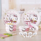 儿童?x具韩式碗碟套装猫卡通骨质瓷14头儿童餐具套装 可爱陶瓷碗