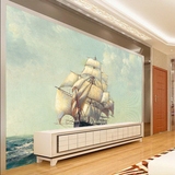 地中海风格彩色帆船油画 客厅玄关背景墙纸壁纸 大型壁画 定制做