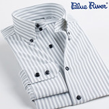 蓝河男士竖条纹长袖衬衫修身款商务速干免烫男装中年韩版休闲衬衣