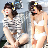 韩国新款bikini条纹长袖比基尼四件套钢托小胸聚拢泳衣女温泉泳装