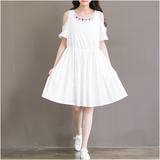 2016夏装新款大码女装森系学生白色纯棉露肩短袖复古中长款连衣裙