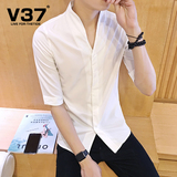 V37夏季男装男士衬衫纯色七分袖衬衣v领半袖男生寸衫青年韩版衣服
