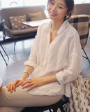 正品韩国代购2016夏季新款韩版不对称棉麻长袖白衬衫薄条纹衬衣女