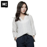 H:CONNECT韩版时尚女装V领七分袖格子衬衫镂空甜美百搭2016夏新款