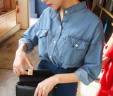 2015春夏韩国韩版蝙蝠袖学院风学生浅色宽松大码牛仔衬衫 女衬衫
