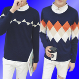 秋季条纹男士毛衣假两件男韩版修身青少年薄款学生衬衫领针织衫潮