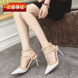 香港IT代购欧美时尚尖头铆钉高跟鞋包头后空T型带浅口细跟女单鞋