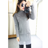 2015冬装新款女装韩版半高圆领毛衣螺纹蕾丝拼接中长款针织打底衫