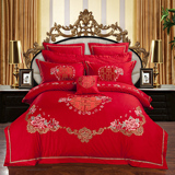纯棉婚庆4四件套大红刺绣欧式被套床单家纺结婚1.8m床上用品新款