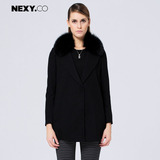 NEXY.CO/奈蔻羊毛外套加厚保暖黑色长袖中长款毛呢大衣女冬季新品