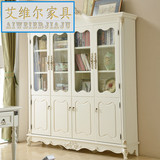 美式白色实木大书柜 玻璃带门单个书柜 成人书房家具储物四门书橱