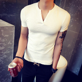 夏季男装韩版男士修身V领短袖T恤夜店发型师潮男紧身纯色打底衫