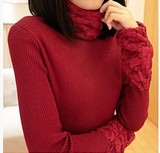 秋冬新款修身韩版蕾丝堆堆领长款针织衫长袖加厚打底衫高领毛衣女