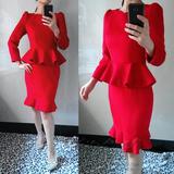 原创高端定制 秋冬 红色羊绒鱼尾裙 结婚礼服裙 2件套装 八分袖