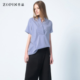 Zopin/作品2016夏季新款女装经典蓝色条纹短袖衬衫棉上衣宽松显瘦