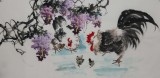 国画花鸟画紫藤牡丹鸡字画横幅手绘四尺鸡定制