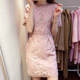 香港欧时力代购公司2016夏季新款女装显瘦大码短袖镂空蕾丝连衣裙