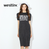 Westlink/西遇2016春季新款 闪耀潮字母印花中长款短袖套头连衣裙