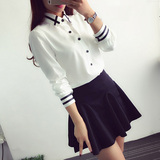 2016夏季韩版女装短款学生衬衣修身长袖学院风拼接条纹潮打底衬衫