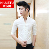 夏季男士短袖衬衫韩版修身款五分袖白色衬衣青年时尚潮流立领寸衫