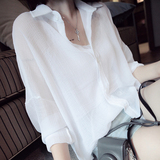 韩版2016夏季女装新款学生白色雪纺衬衫女百搭小清新七分袖衬衣潮