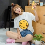 韩国夏季学生卡通搞怪笑脸印花短袖上衣情侣tee纯棉宽松圆领T恤女