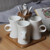 特价新品纯白陶瓷咖啡杯碟带勺创意家用通用花茶杯配木座架